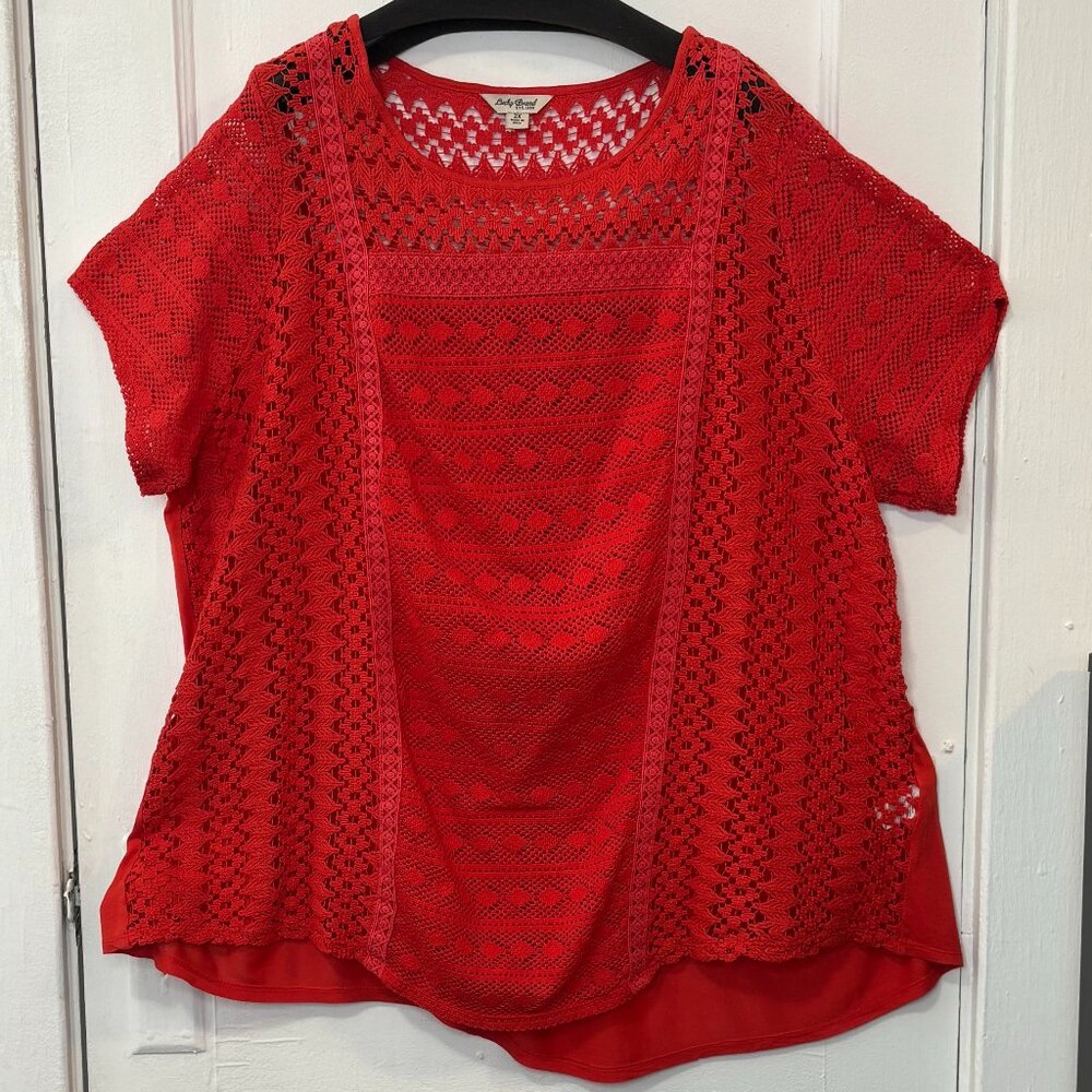 Lucky Brand Women's Plus Size Orange/Red Crochet Embroidered Sheer Blouse Sz 2X